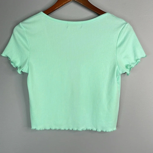 5/$25 STREETWEAR SOCIETY Mint Green Rib Crop Top Lettuce Hem Tied Front Size M - Picture 5 of 9